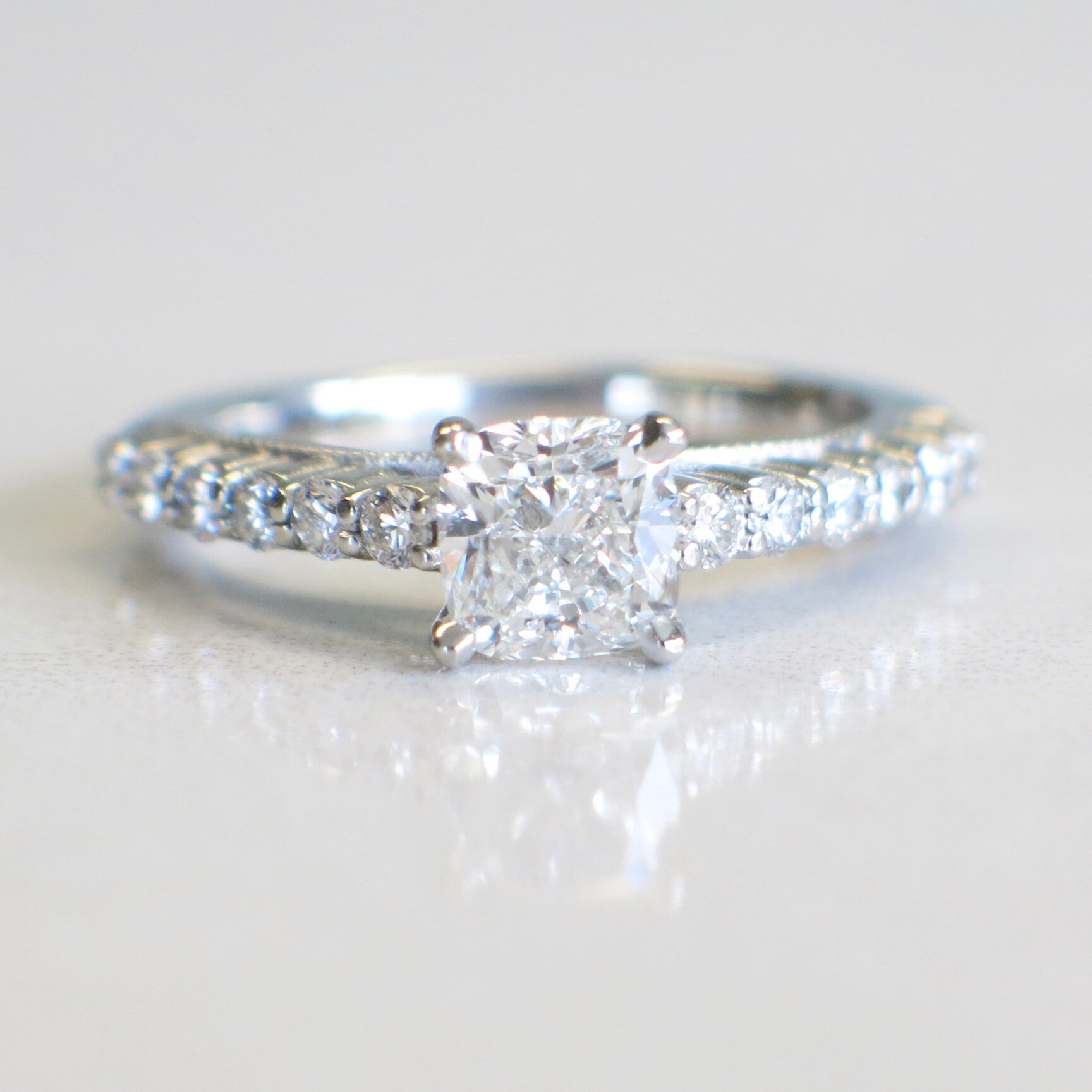 GIA Cushion Cut Diamond Engagement Ring Platinum 1.01ct Center Milgrain Accent Band 1.38ctw Size 5.5 Certified SI1 G - Black Market LLC