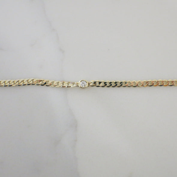 14K Yellow Gold Bezel Set Diamond Curb Chain Bracelet, .10 CT Natural Diamond, Minimalist Layering Bracelet
