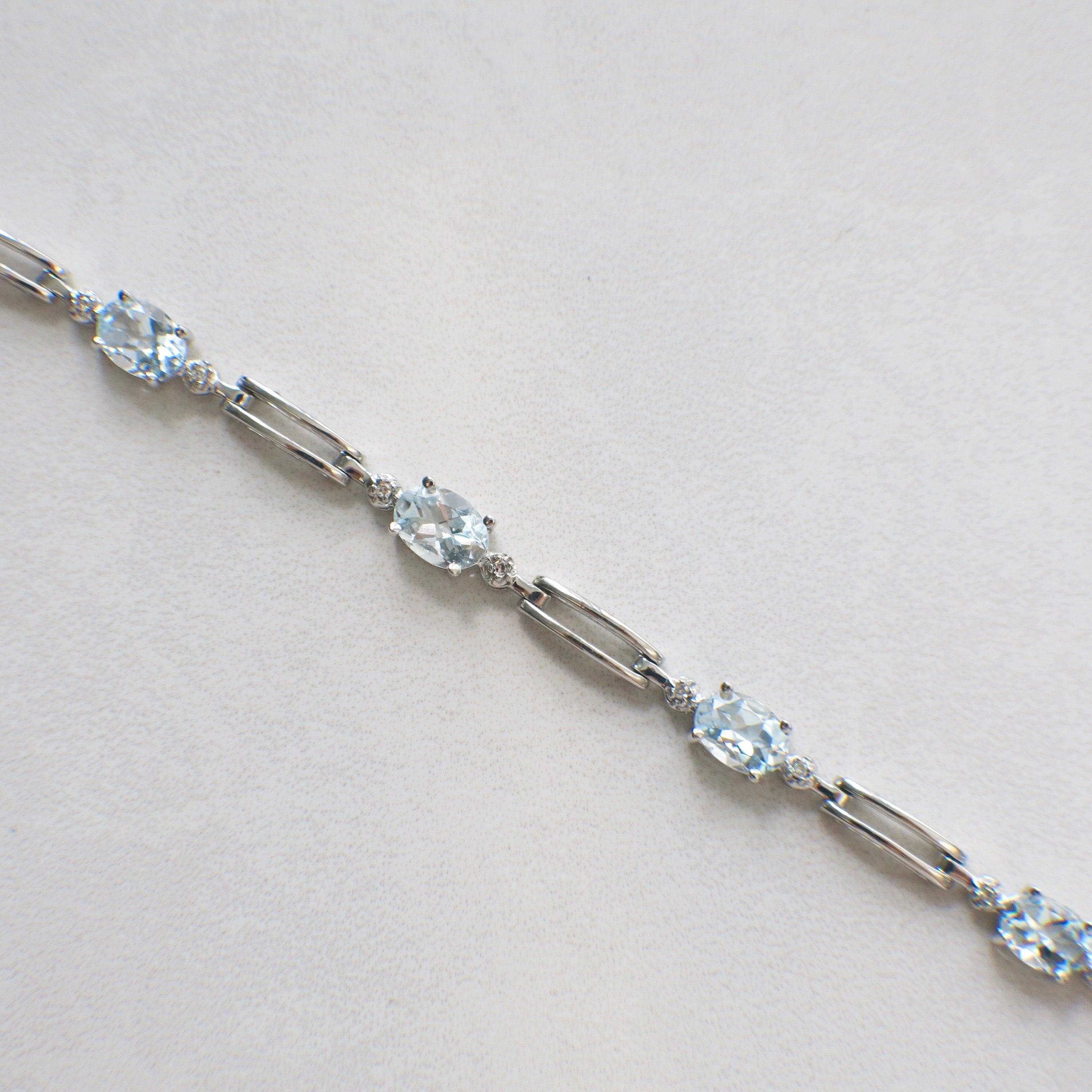 10K White Gold Light Blue Glass & Diamond Link Bracelet – 7 Inch Oval Stones - Black Market LLC