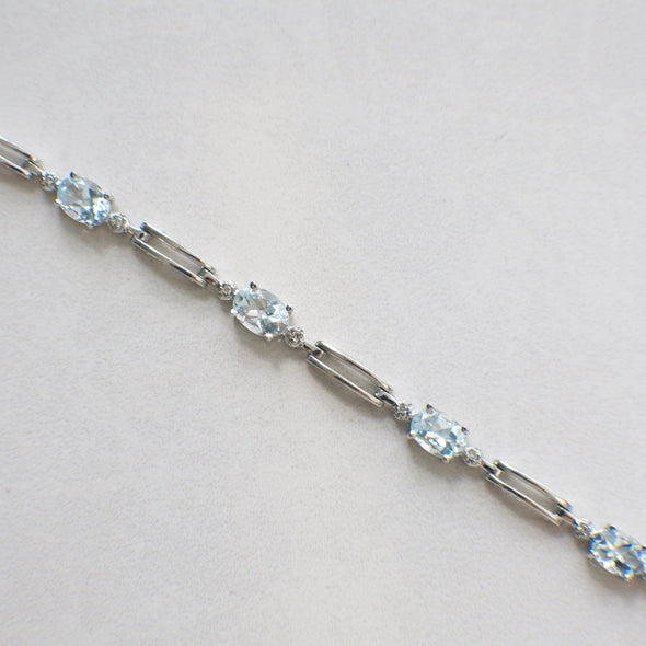 10K White Gold Light Blue Glass and Diamond Link Bracelet 7 Inch Oval Stones