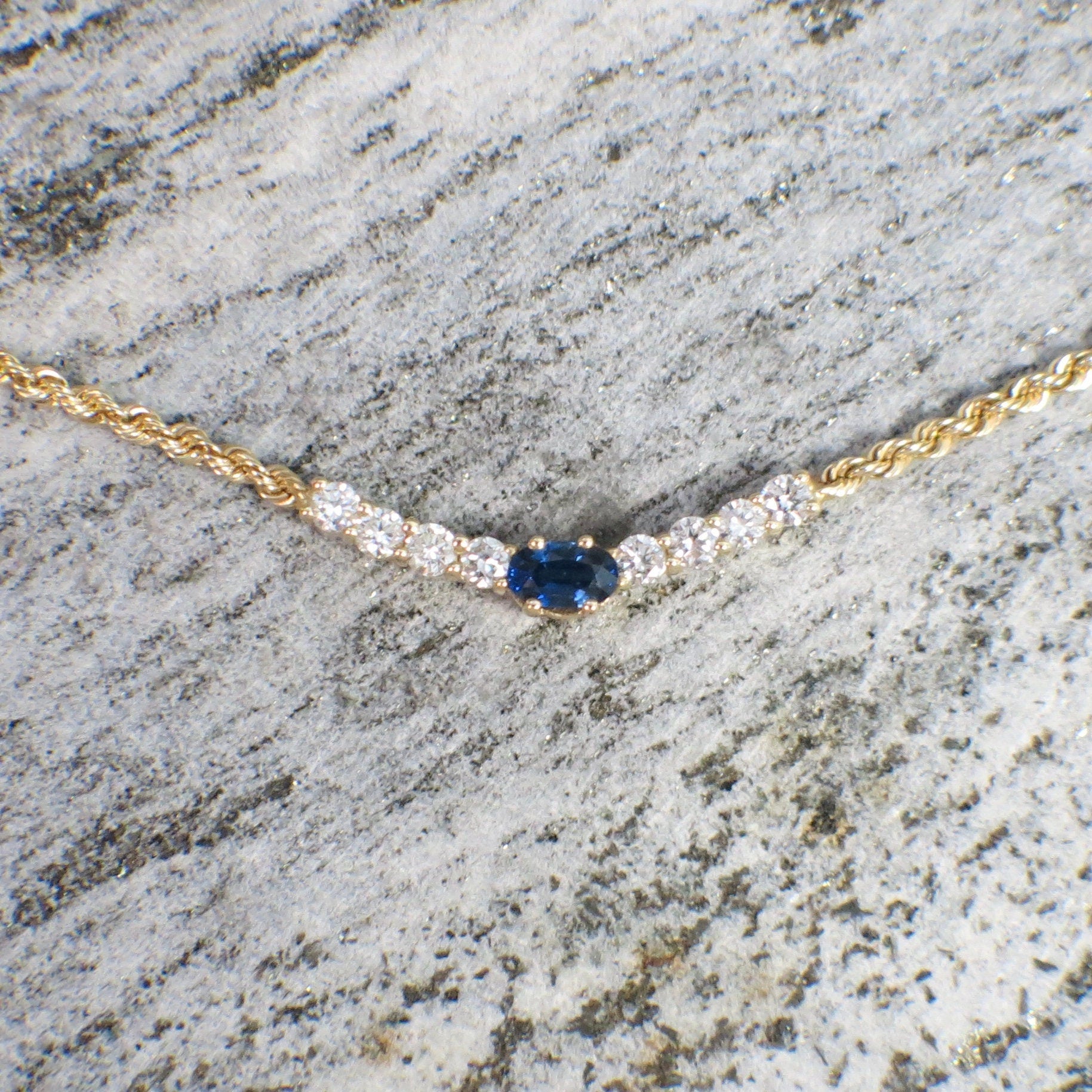Oval Sapphire & Diamond Rope Chain Necklace | 14K Yellow Gold 16 Inch - Black Market LLC