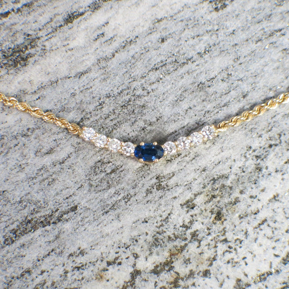 Oval Sapphire & Diamond Rope Chain Necklace | 14K Yellow Gold 16 Inch