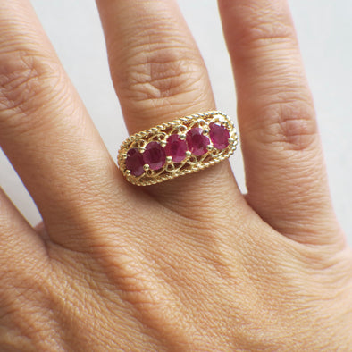 Vintage Ruby Five Stone Ring 14K Yellow Gold Oval Cut Wide Band