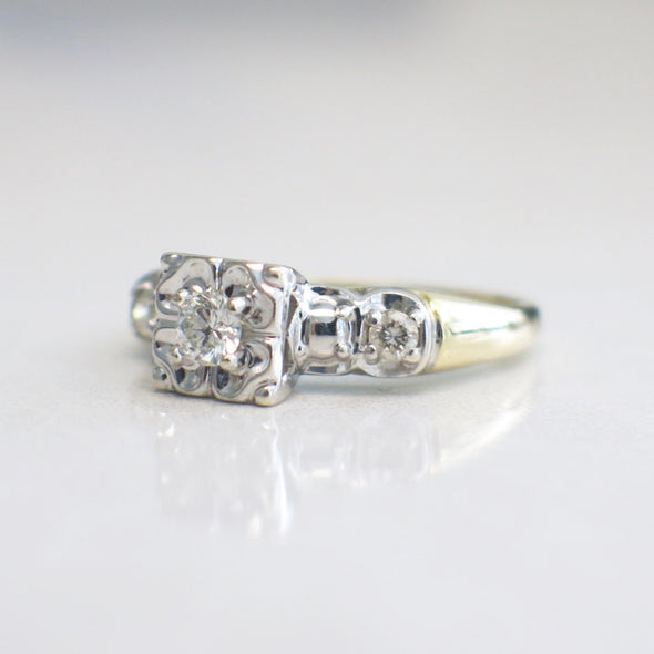 14K Two Tone Diamond Engagement Ring Floral Illusion Setting Size 5.5