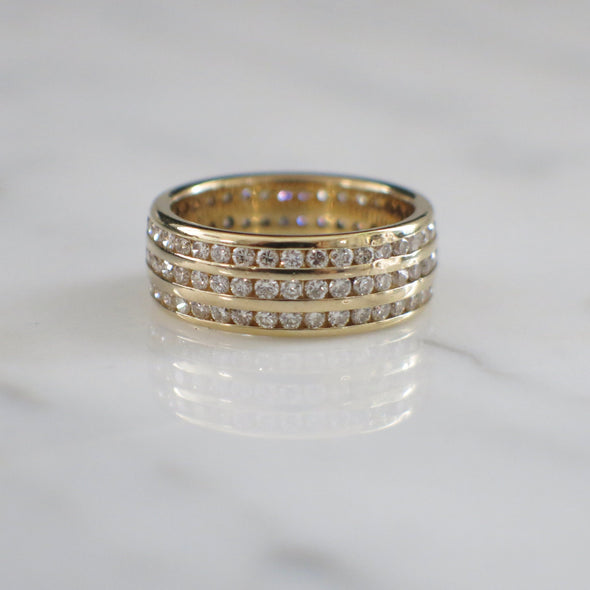18K Yellow Gold Triple Row Diamond Ring – 1.08 CTW Channel Set Eternity Band, Wedding or Statement, Size 6