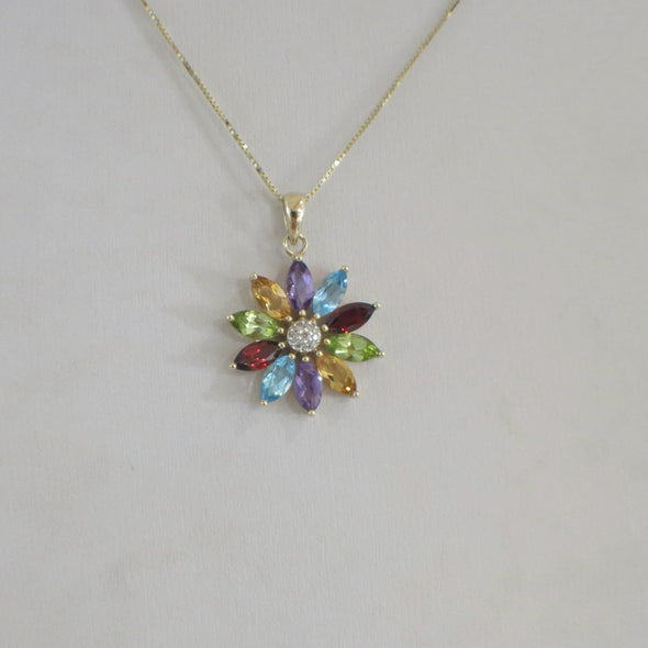 14K Yellow Gold Multi Gemstone and Diamond Flower Necklace
