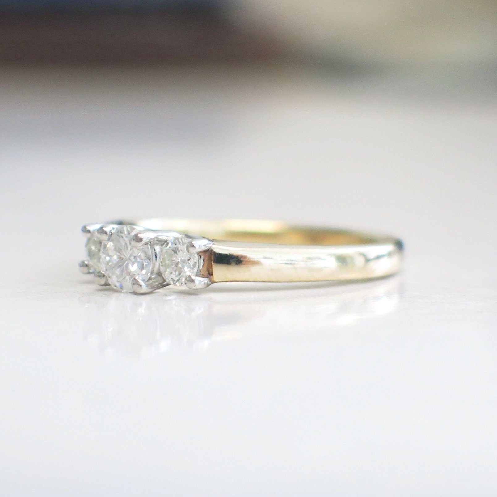 Three Stone Diamond Ring – 14K Yellow Gold, Platinum Head, .45 CTW, Size 6 - Black Market LLC