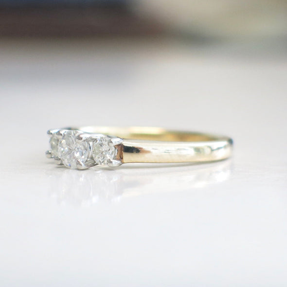Three Stone Diamond Ring 14K Yellow Gold Platinum Head .45ct Engagement Ring Size 6
