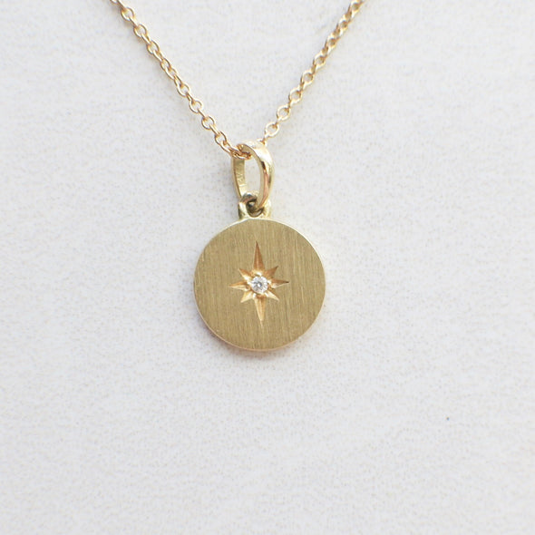 14K Gold Starburst Diamond Disc Pendant Necklace, Adjustable Layering Necklace