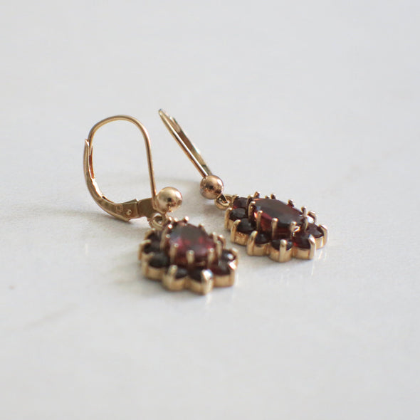 Vintage Garnet Dangle Earrings 14K Gold Pear Halo Drop Earrings