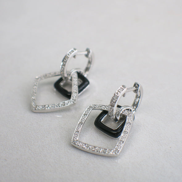14K White Gold Black Enamel and Diamond Dangle Earrings | Milgrain Detail | Art Deco Style Drop Earrings | .16 CTW | Vintage Look