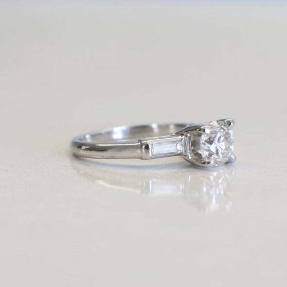 Platinum Three Stone Diamond Engagement Ring | Vintage Round & Baguette 1.06 CTW Size 6