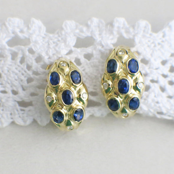 Vintage 14K Yellow Gold Sapphire and Diamond Earrings | Oval Sapphires | French Clip Backs | September Birthstone Gift