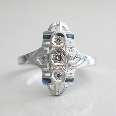 Art Deco Diamond Sapphire Ring 14K White Gold Vintage Style Size 11