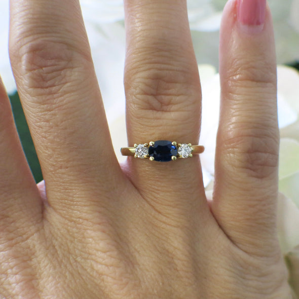 18K Yellow Gold Sapphire and Diamond Three Stone Ring | East-West Sapphire Engagement Ring