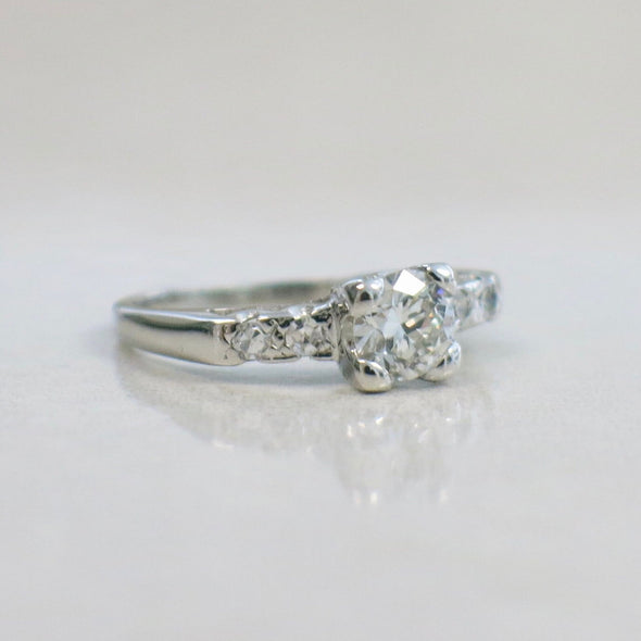 14K White Gold Vintage Diamond Engagement Ring, .56 CTW, Round Brilliant & Single Cut, Size 4.75, Classic Antique Style