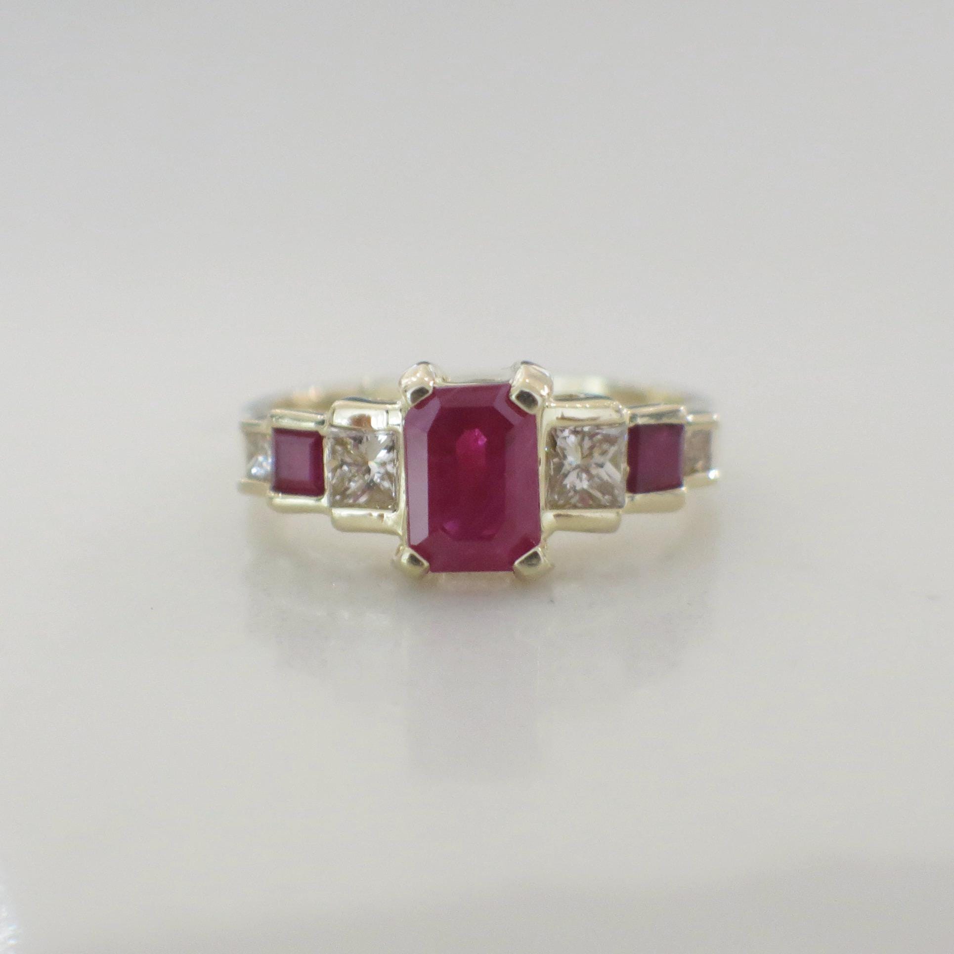 14K Yellow Gold Ruby and Diamond Ring | Emerald Cut Ruby with Side Accents Size 6.75 - Black Market LLC