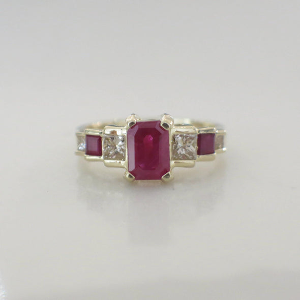 14K Yellow Gold Ruby and Diamond Ring | Emerald Cut Ruby with Side Accents Size 6.75