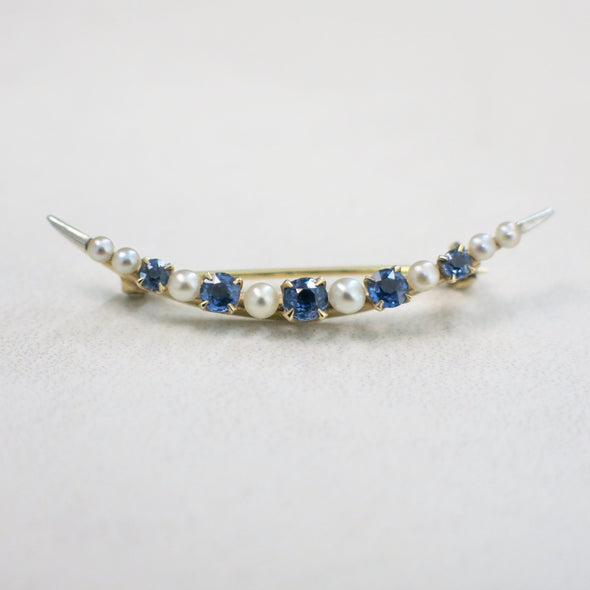 Vintage Ceylon Sapphire and Pearl Pin 14K Gold Curved Brooch