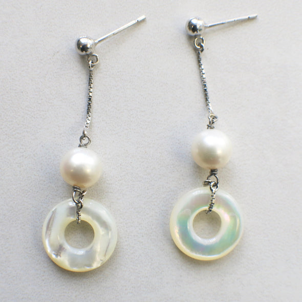 18K White Gold Pearl and Mother of Pearl Dangle Drop Earrings Long Chain