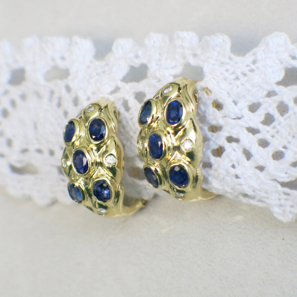 Vintage 14K Yellow Gold Sapphire and Diamond Earrings | Oval Sapphires | French Clip Backs | September Birthstone Gift