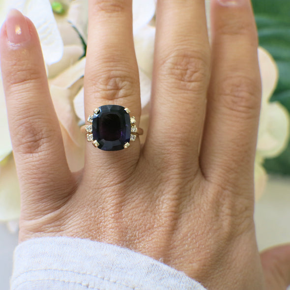 14K Yellow Gold Cushion Cut Amethyst & Diamond Cocktail Ring | Size 5.25