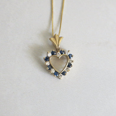 14K Gold Open Heart Pendant with Diamonds and Blue Sapphires | Vintage Necklace