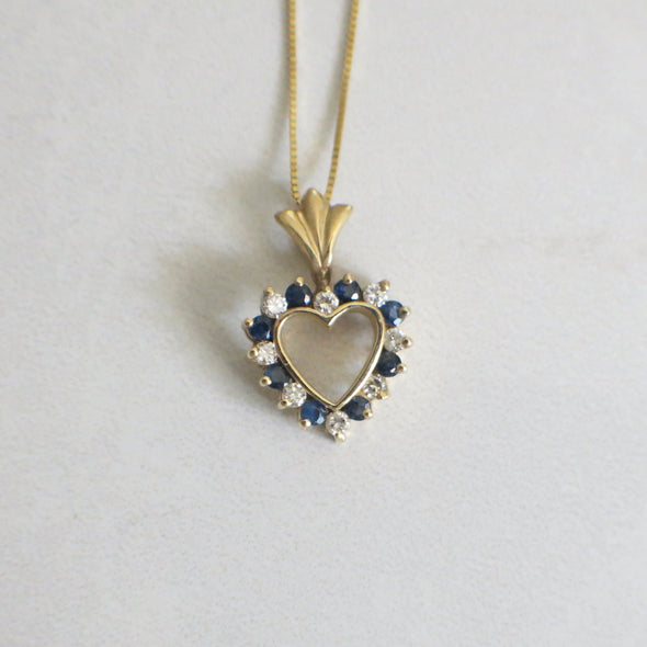 14K Gold Open Heart Pendant with Diamonds and Blue Sapphires | Vintage Necklace
