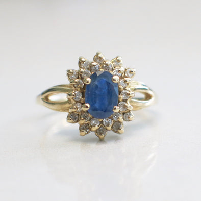 Vintage Tanzanite and Diamond Cluster Ring – 14K Yellow Gold Oval Halo Ring Size 8