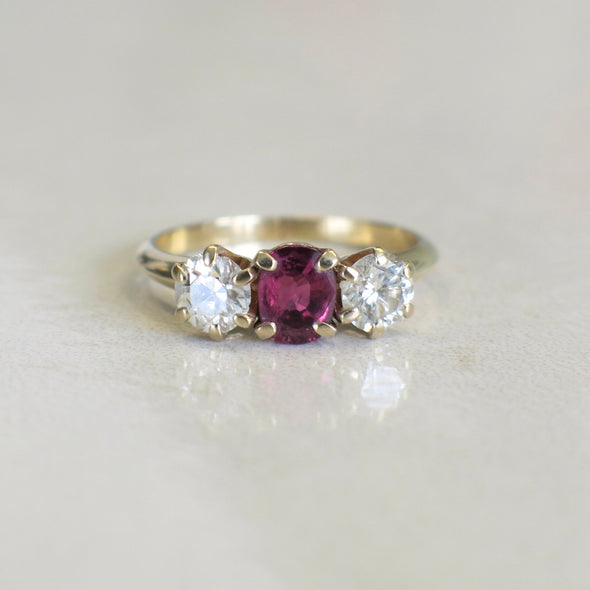 14K Yellow Gold Ruby and Diamond Three-Stone Ring | Vintage Alternative Engagement 1.00ctw Size 5.75