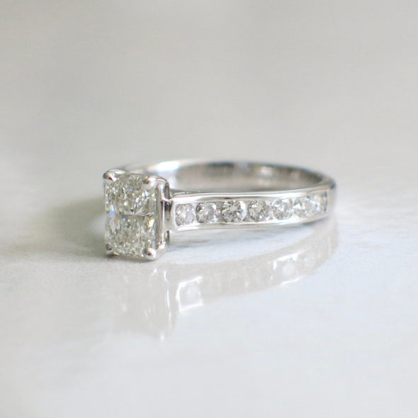14K White Gold Radiant Cut Diamond Engagement Ring – 1.61 CTW, Channel Set Band, Cathedral Style, Size 7.5