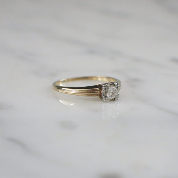 Vintage .20 CT Diamond Solitaire Ring – 14K Yellow Gold Ribbed Band Engagement