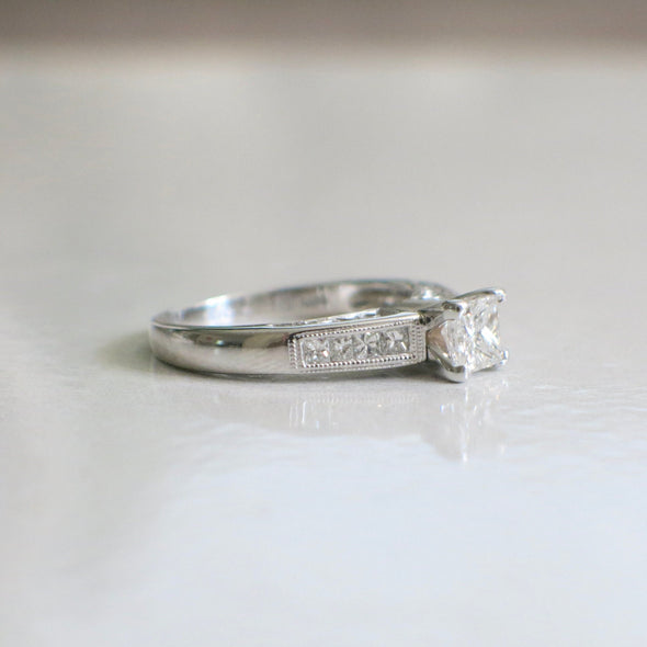 14K White Gold Princess Cut Diamond Engagement Ring with Accented Band, Vintage Milgrain Setting