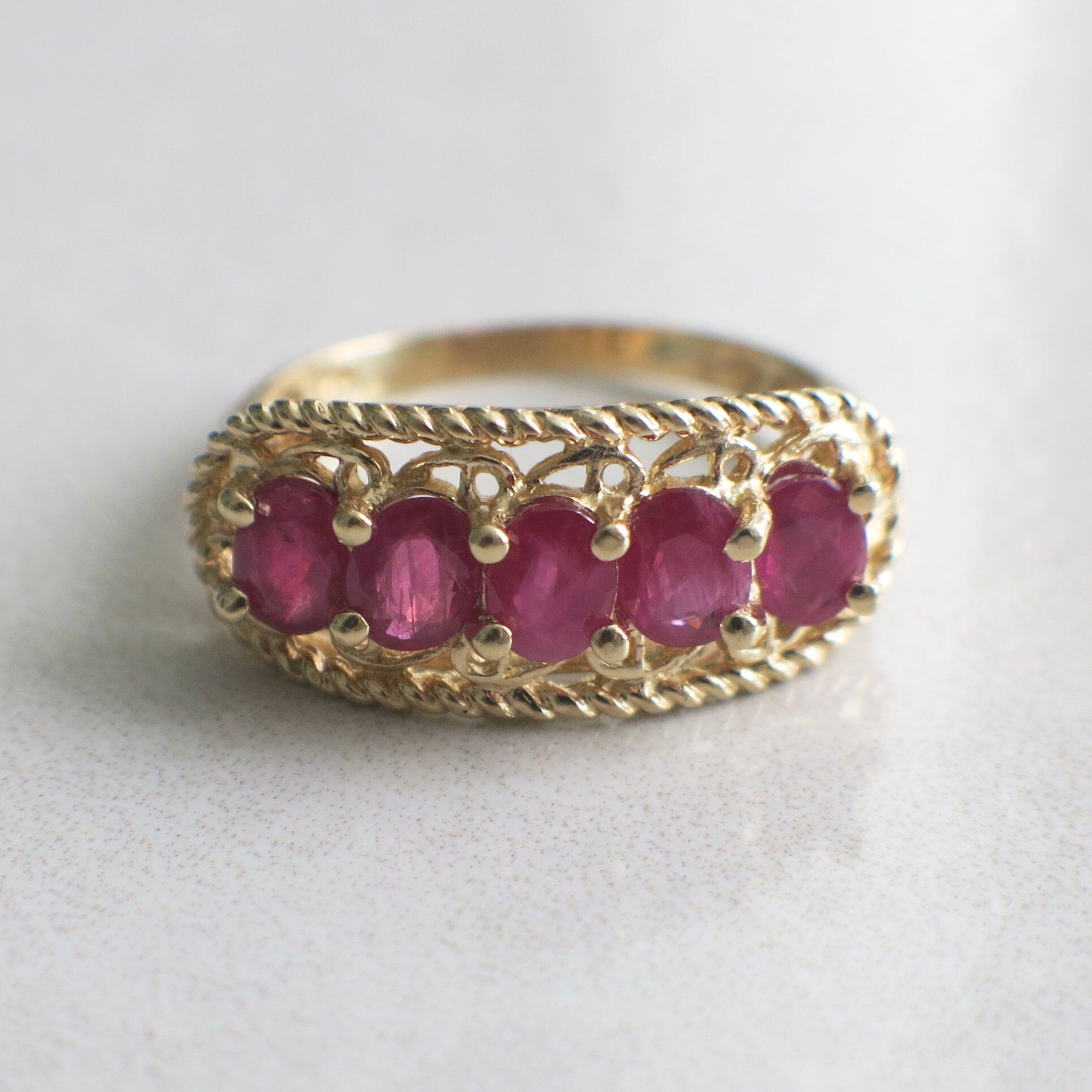 Vintage Ruby Five Stone Ring 14K Yellow Gold Oval Cut Wide Band - Black Market LLC