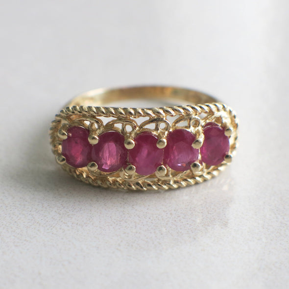 Vintage Ruby Five Stone Ring 14K Yellow Gold Oval Cut Wide Band
