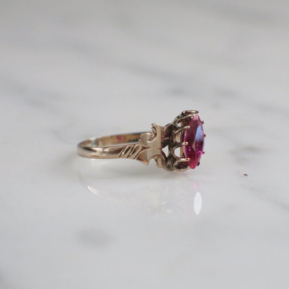 10K Gold Pink Sapphire Ring – Marquise Synthetic Gem Size 5.25