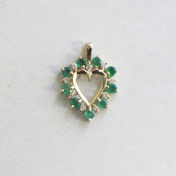 14K Gold Emerald Diamond Heart Pendant Vintage Style May Birthstone