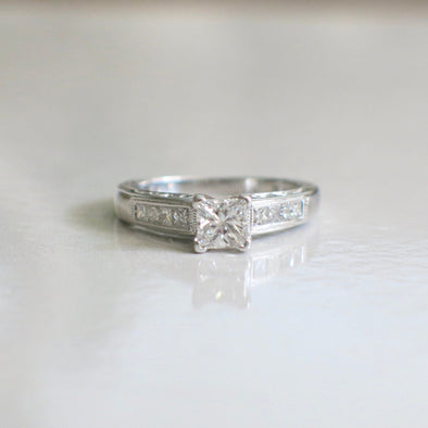 14K White Gold Princess Cut Diamond Engagement Ring with Accented Band, Vintage Milgrain Setting