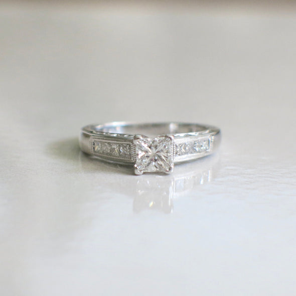 14K White Gold Princess Cut Diamond Engagement Ring with Accented Band, Vintage Milgrain Setting