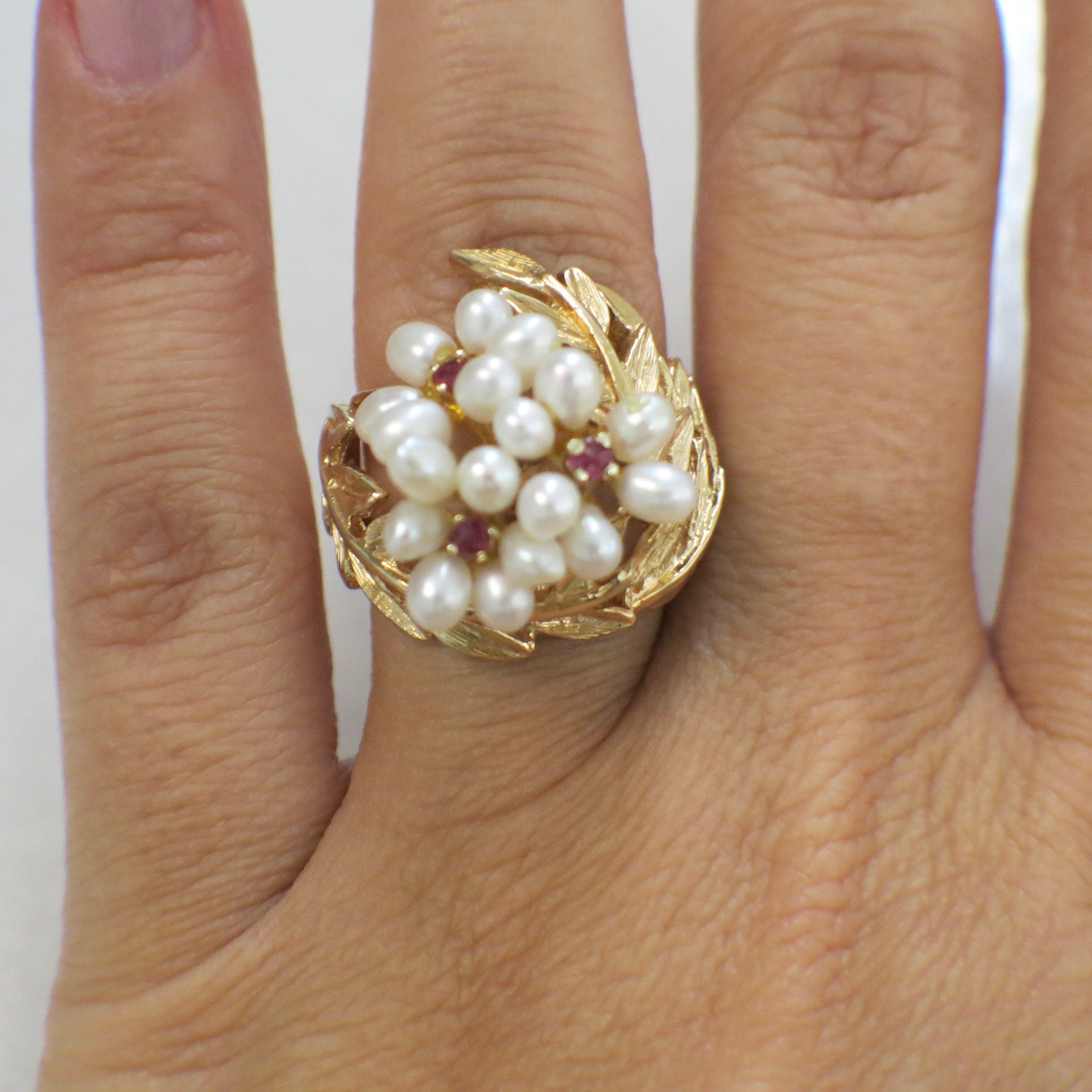 Vintage 14K Yellow Gold Pearl and Ruby Leaf Ring – Nature Motif Cluster, Size 6.5 - Black Market LLC