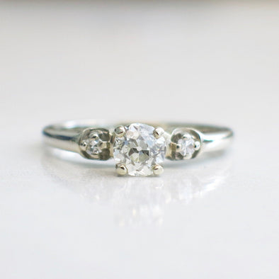 14K White Gold Old European Cut Diamond Vintage Engagement Ring, Antique Style Solitaire Ring