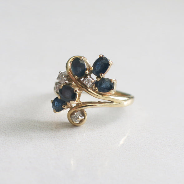 Vintage Sapphire and Diamond Scroll Ring 14K Yellow Gold
