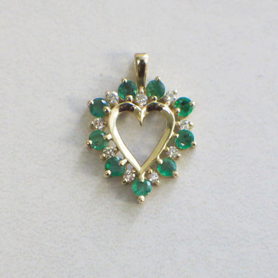 14K Gold Emerald Diamond Heart Pendant Vintage Style May Birthstone