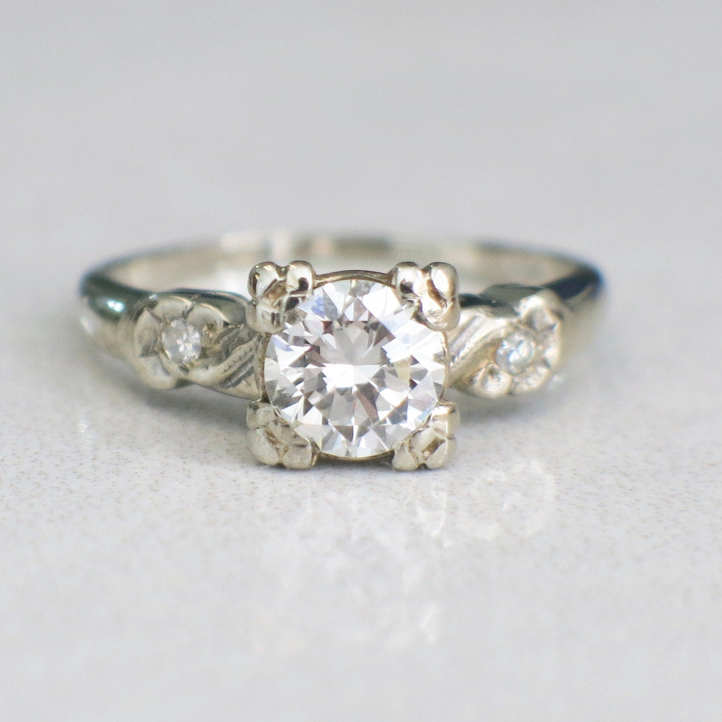 Vintage 14K White Gold Diamond Engagement Ring – .75 CT Center, Floral Accents, Size 5 - Black Market LLC