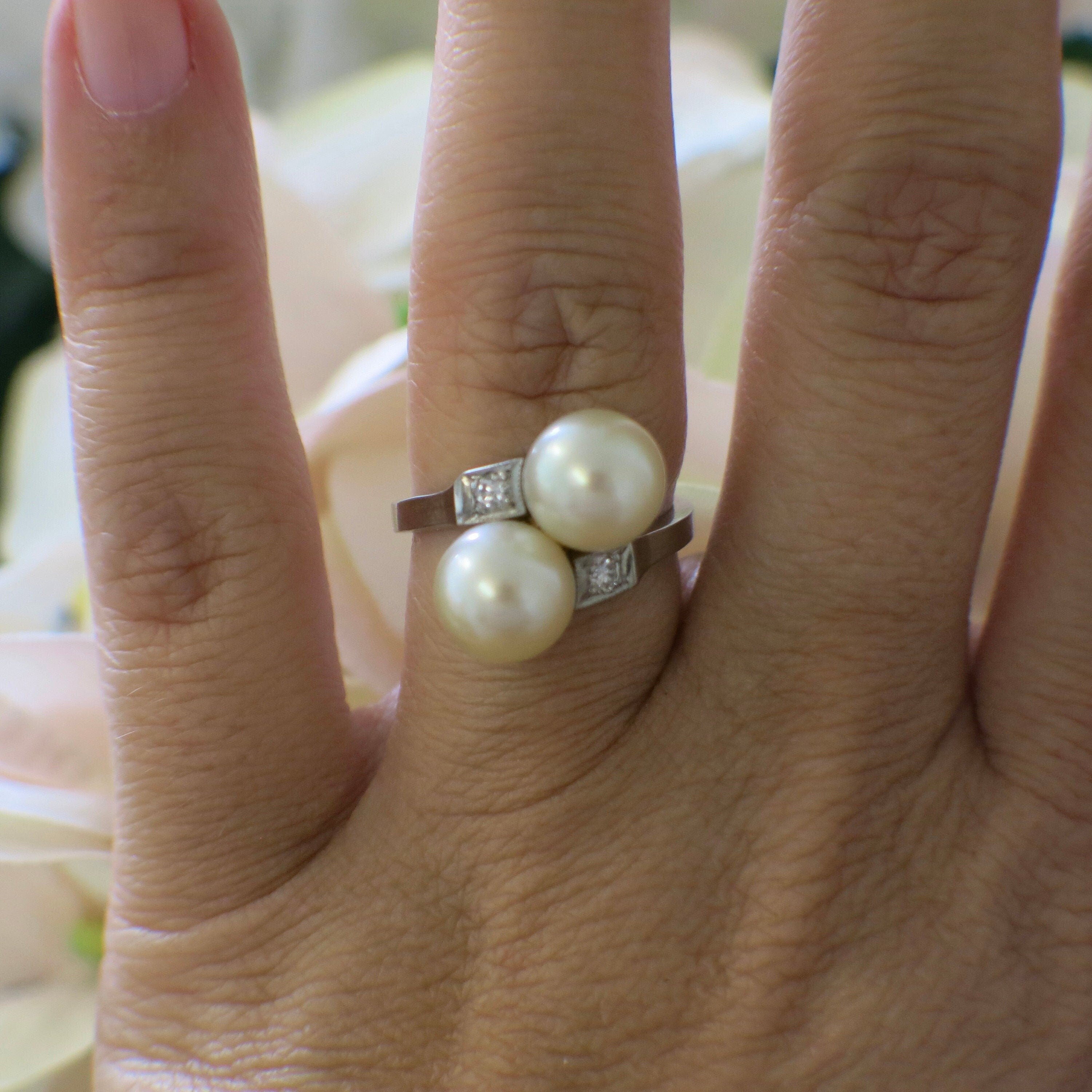 Vintage Pearl and Diamond Ring | 14K White Gold Two Stone Milgrain Design - Black Market LLC