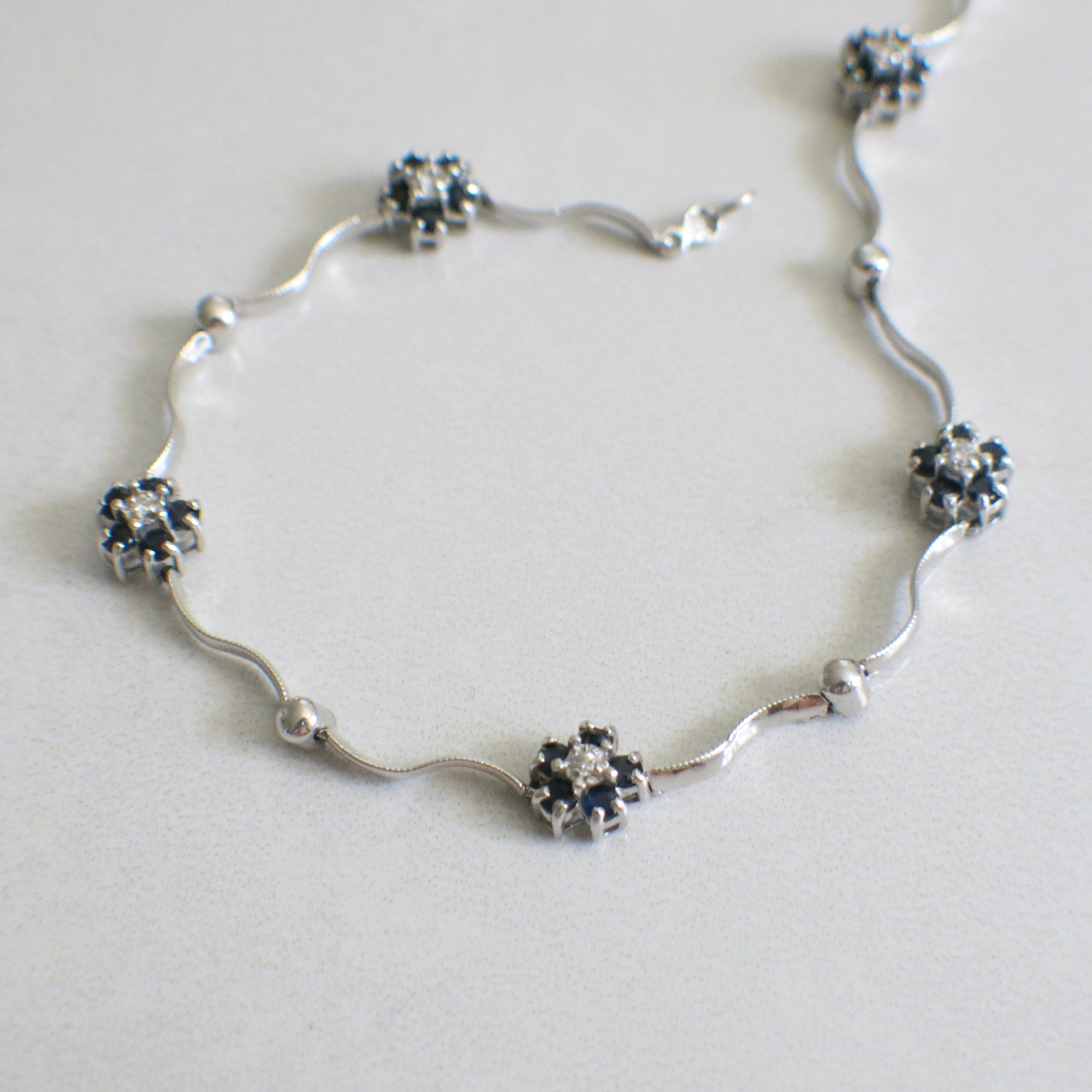 14K White Gold Sapphire & Diamond Flower Bracelet – 7 Inch, Delicate Floral Design - Black Market LLC