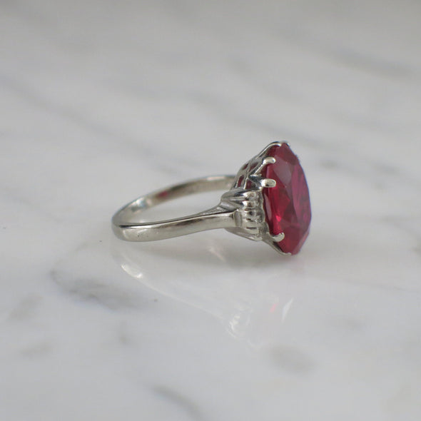 Vintage 10K White Gold Synthetic Ruby and Diamond Cocktail Ring, Oval Lab Ruby Engagement Ring