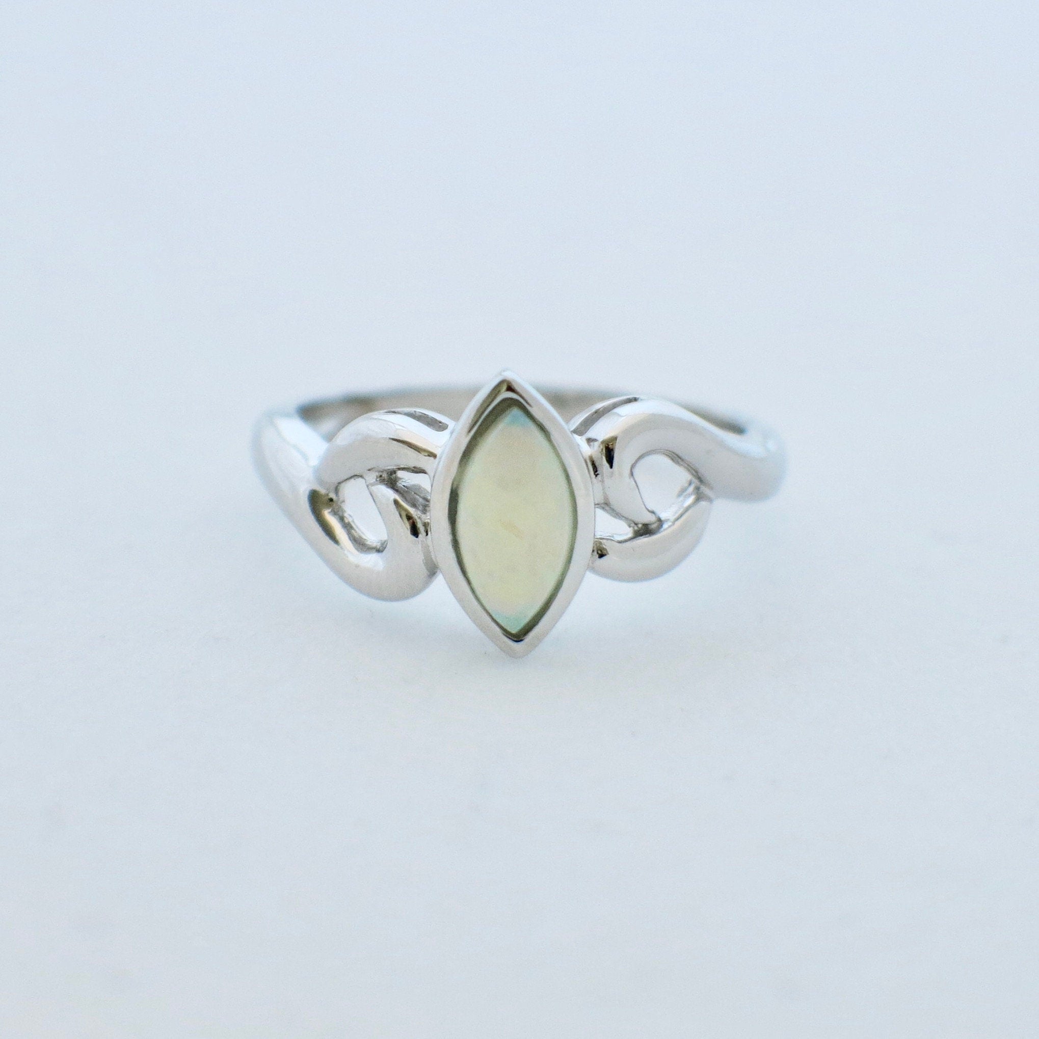 Marquise Opal Ring – 14K White Gold, Bezel Set Cabochon, Size 5.5 - Black Market LLC