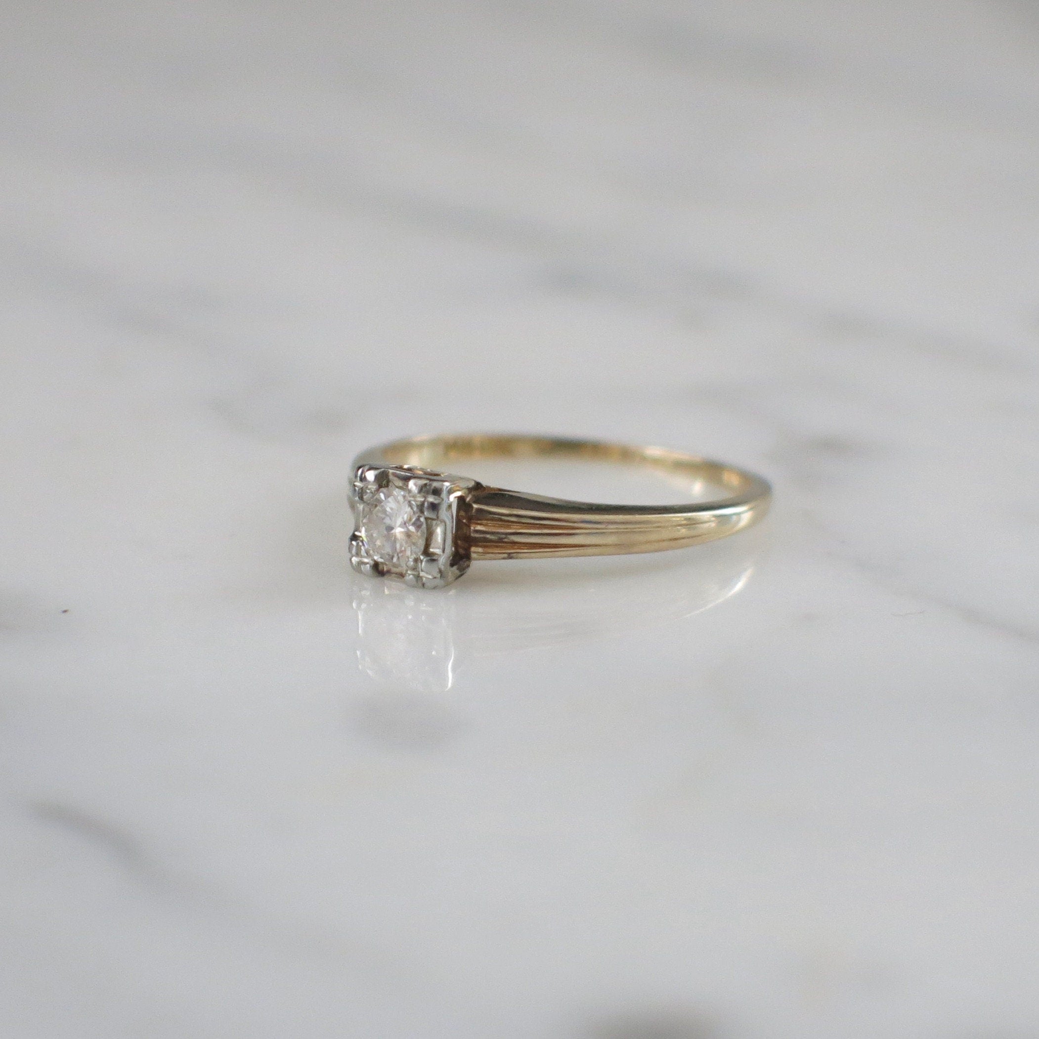 Vintage .20 CT Diamond Solitaire Ring | 14K Yellow Gold Ribbed Band Engagement Size 6.25 - Black Market LLC