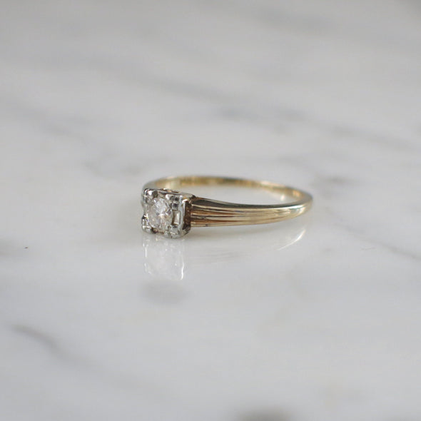 Vintage .20 CT Diamond Solitaire Ring – 14K Yellow Gold Ribbed Band Engagement
